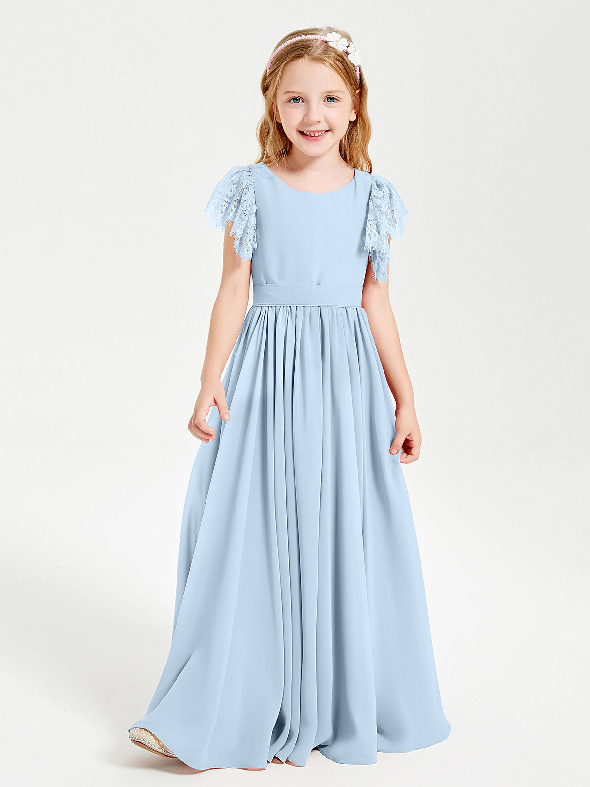 Chiffon Junior Bridesmaid Dresses with Lace Flutter Sleeves Sky Blue